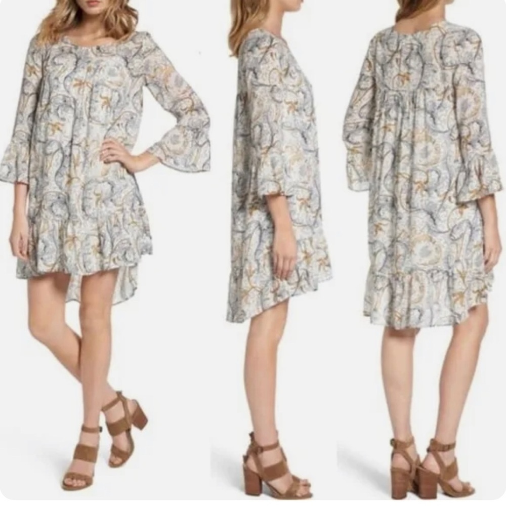Hinge Women Ruffle Print Dress Gray Fog Feathered Floral 3/4 Sleeve Botanical